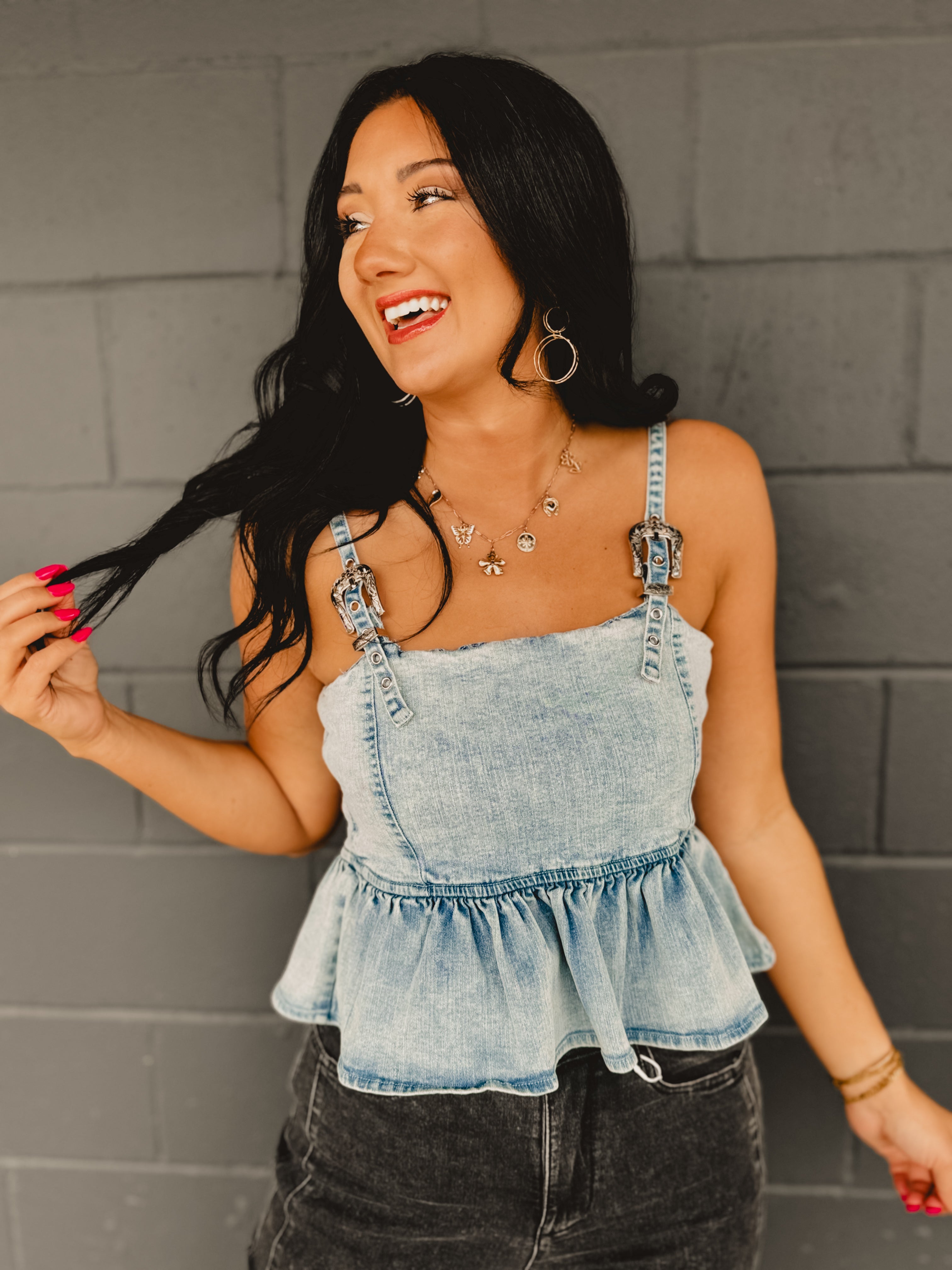 Western Buckle Denim Peplum Tank - Light Wash - Lace and Grace Boutique