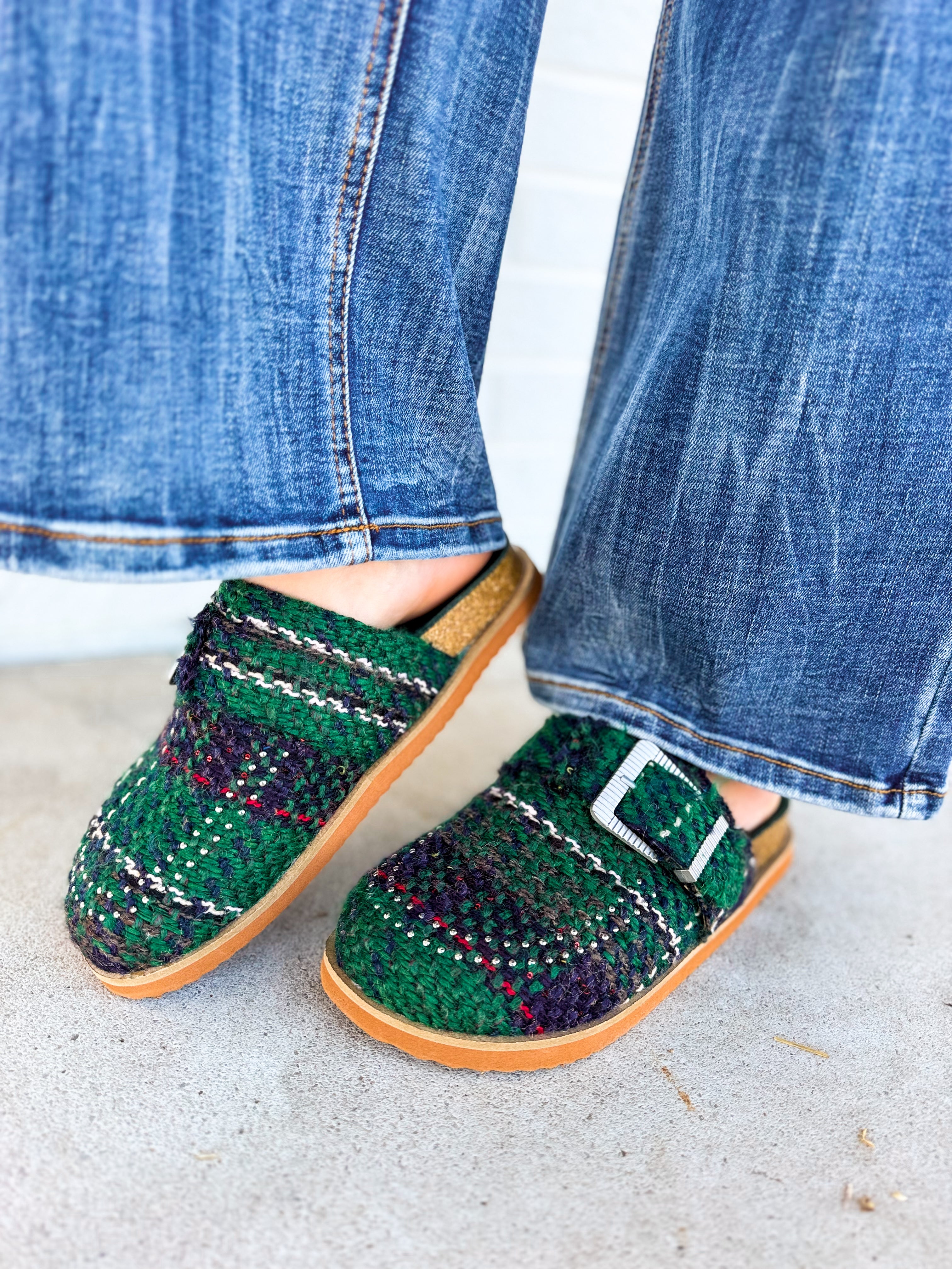Josephine Plaid Studded Clog - Green - Lace and Grace Boutique