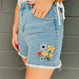 Floral Embroidered Fray Hem Shorts - Denim - Lace and Grace Boutique