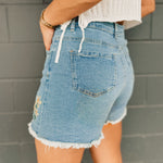 Floral Embroidered Fray Hem Shorts - Denim - Lace and Grace Boutique