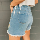 Floral Embroidered Fray Hem Shorts - Denim - Lace and Grace Boutique