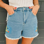 Floral Embroidered Fray Hem Shorts - Denim - Lace and Grace Boutique