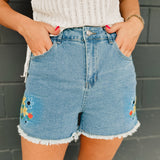 Floral Embroidered Fray Hem Shorts - Denim - Lace and Grace Boutique