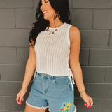 Floral Embroidered Fray Hem Shorts - Denim - Lace and Grace Boutique