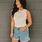 Floral Embroidered Fray Hem Shorts - Denim - Lace and Grace Boutique