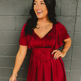 Washed Satin Lace Maxi Dress - Cranberry