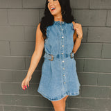 Sleeveless Button Up Denim Mini Dress - Lace and Grace Boutique