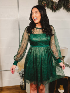 Lace Detail Long Sleeve Mini Dress - Emerald - Lace and Grace Boutique