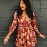 Floral Ruffled Long Sleeve Mini Dress - Plumeria
