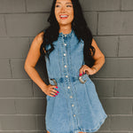 Sleeveless Button Up Denim Mini Dress - Lace and Grace Boutique