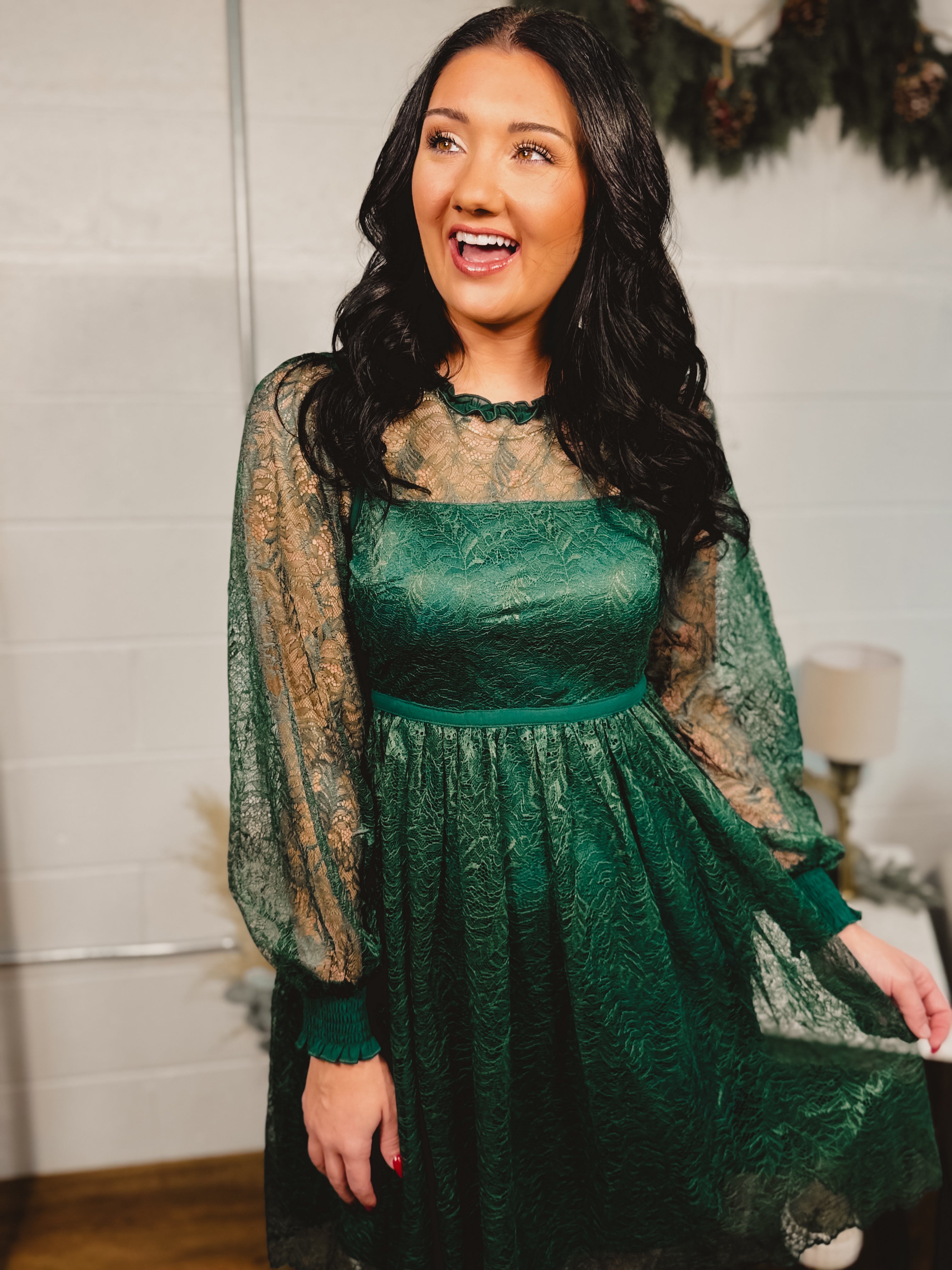 Lace Detail Long Sleeve Mini Dress - Emerald Lace Detail Long Sleeve Mini Dress - Emerald