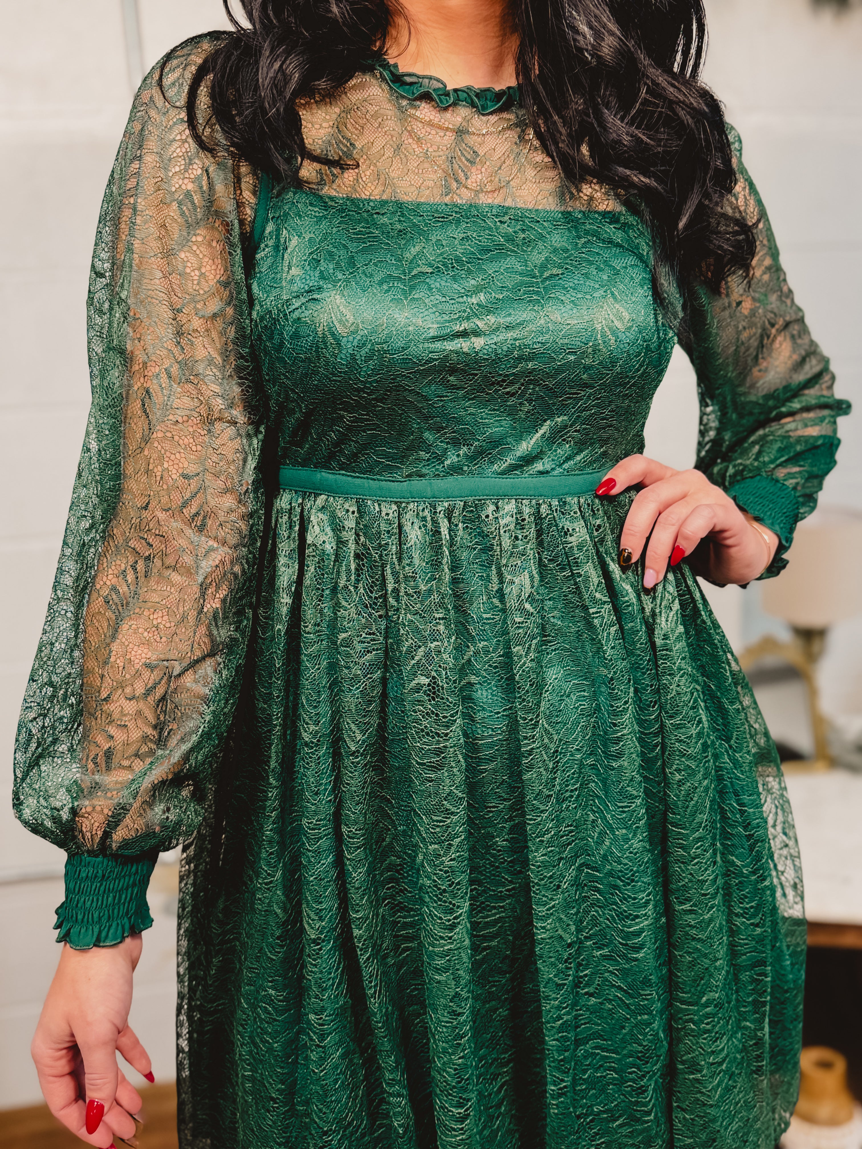 Lace Detail Long Sleeve Mini Dress - Emerald Large Lace Detail Long Sleeve Mini Dress - Emerald Large