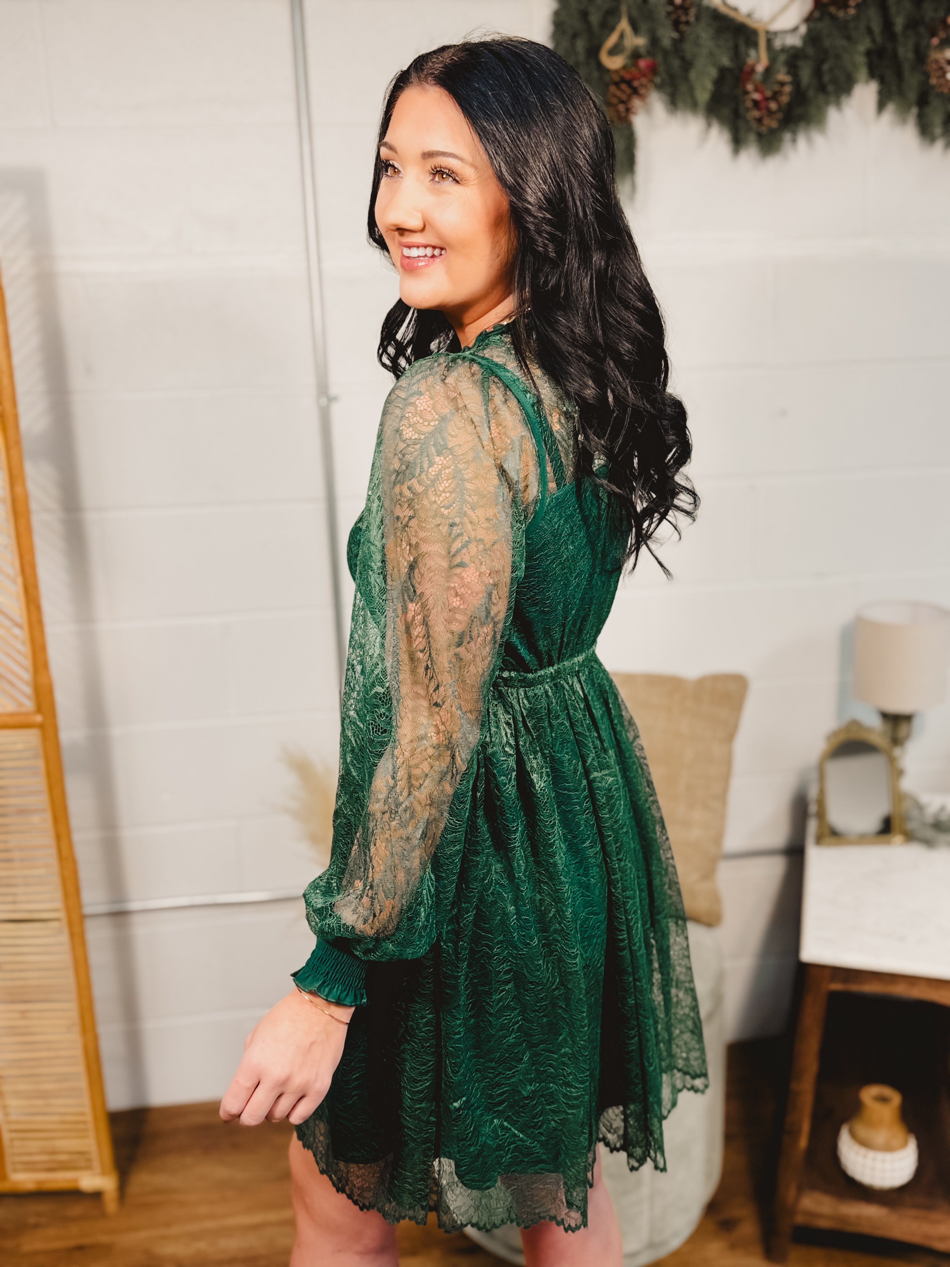 Lace Detail Long Sleeve Mini Dress - Emerald Large Lace Detail Long Sleeve Mini Dress - Emerald Large
