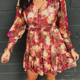 Floral Ruffled Long Sleeve Mini Dress - Plumeria