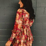 Floral Ruffled Long Sleeve Mini Dress - Plumeria
