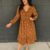 Floral Embroidered Corduroy Midi Dress - Brown