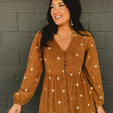 Floral Embroidered Corduroy Midi Dress - Brown