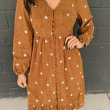 Floral Embroidered Corduroy Midi Dress - Brown