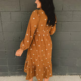 Floral Embroidered Corduroy Midi Dress - Brown