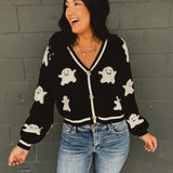 Happy Ghost Button Up Knit Cardigan - Black