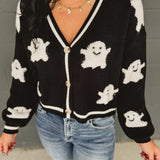 Happy Ghost Button Up Knit Cardigan - Black