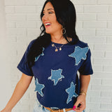 Denim Star Patch Top - Navy - Lace and Grace Boutique