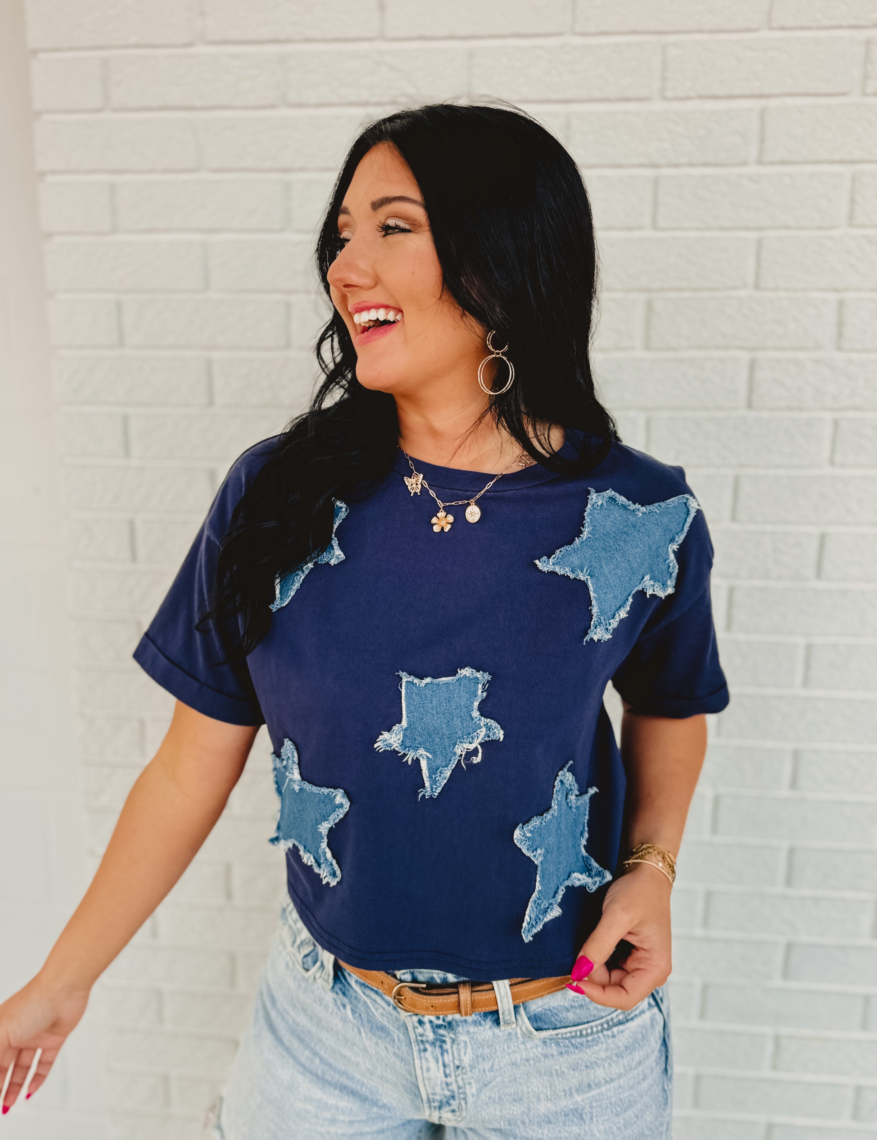 Denim Star Patch Top - Navy - Lace and Grace Boutique