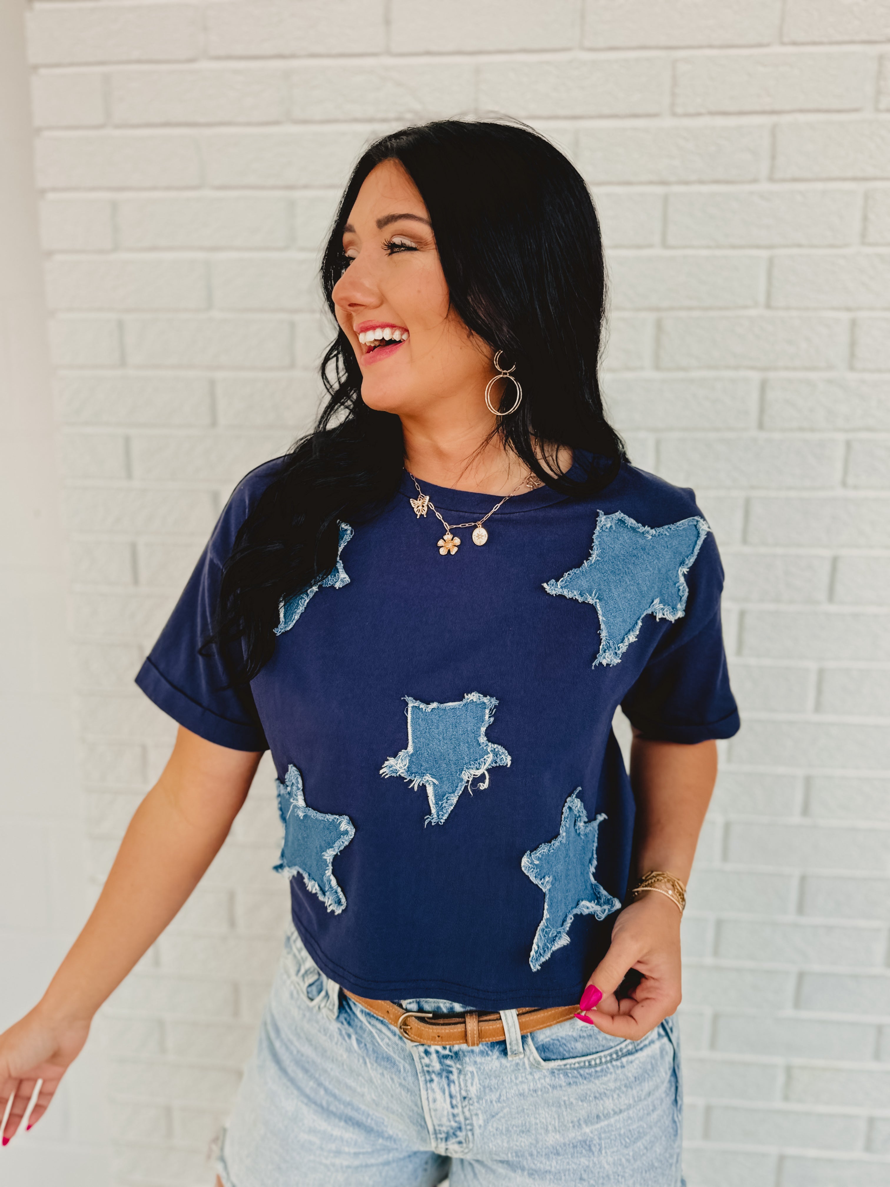 Denim Star Patch Top - Navy - Lace and Grace Boutique