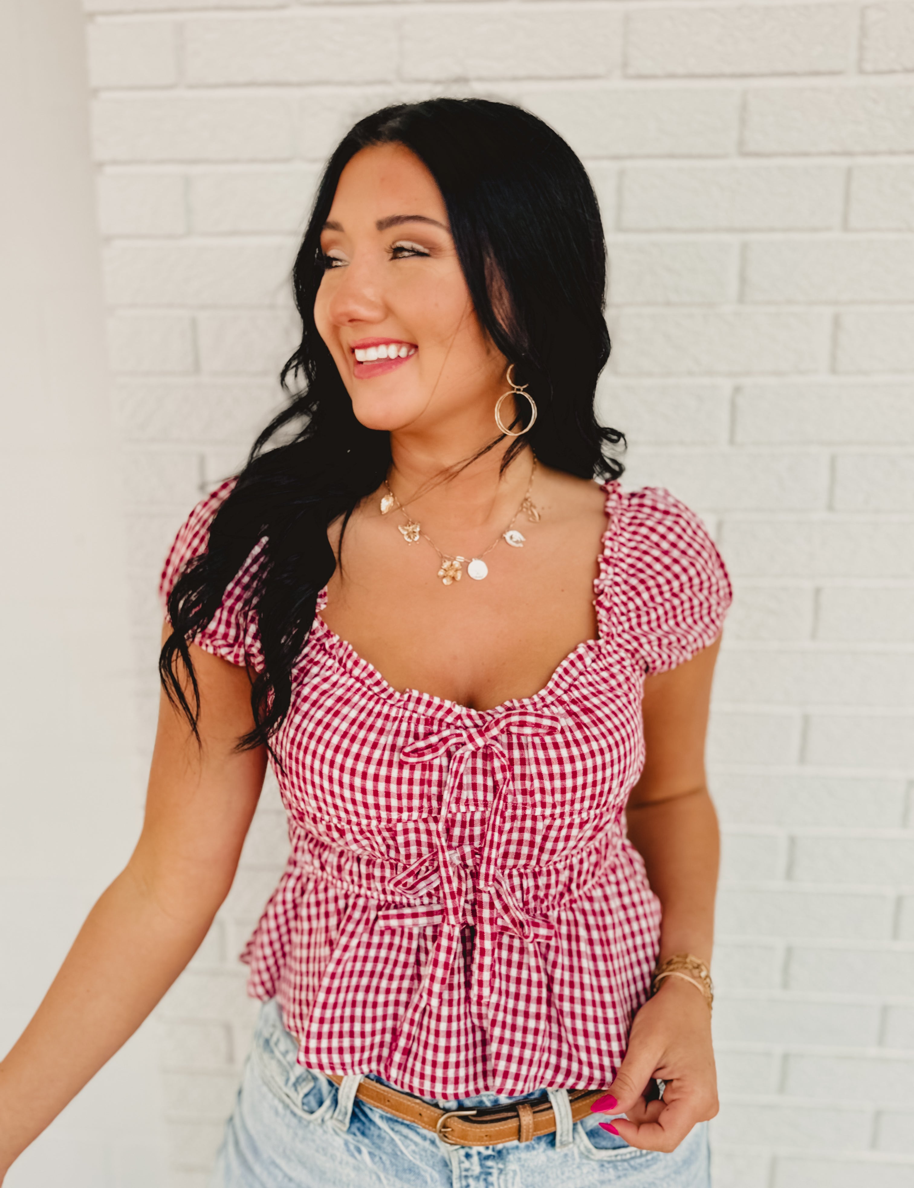 Gingham Bow Detail Shirred Waist Top - Red - Lace and Grace Boutique