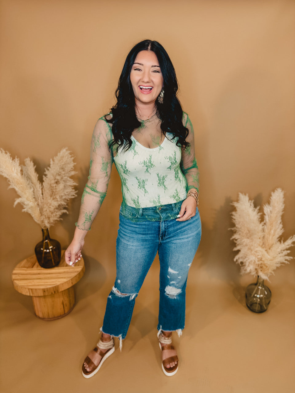 All Dressed Up Sheer Lace Top - Sage Green - Lace and Grace Boutique