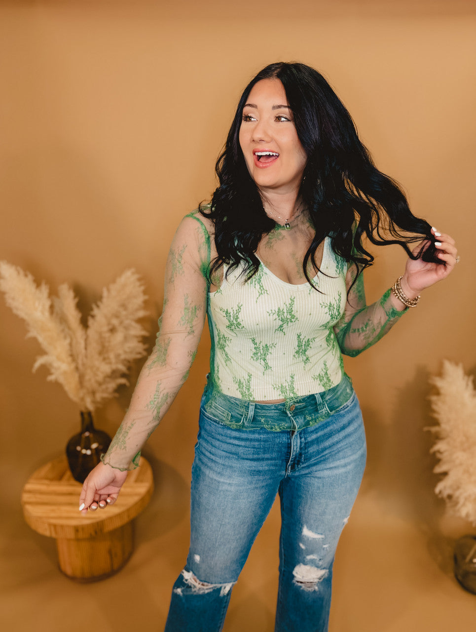 All Dressed Up Sheer Lace Top - Sage Green - Lace and Grace Boutique