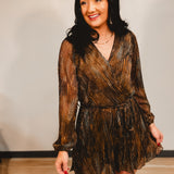 Textured Long Sleeve Waist Tie Romper - Brown Abstract