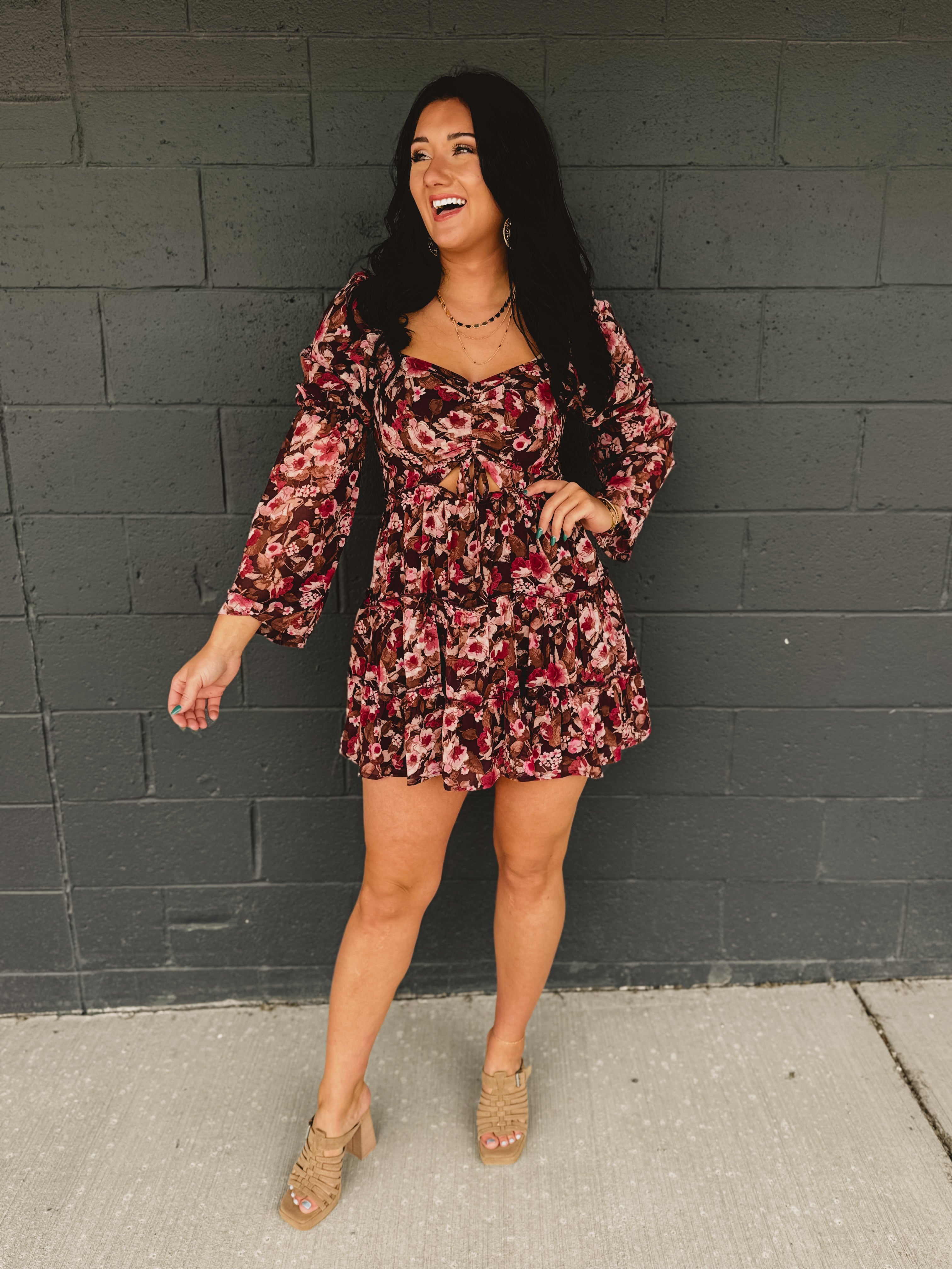 Floral Cutout Long Sleeve Mini Dress - Pink/Brown Floral Cutout Long Sleeve Mini Dress - Pink/Brown