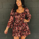 Floral Cutout Long Sleeve Mini Dress - Pink/Brown