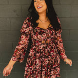 Floral Cutout Long Sleeve Mini Dress - Pink/Brown