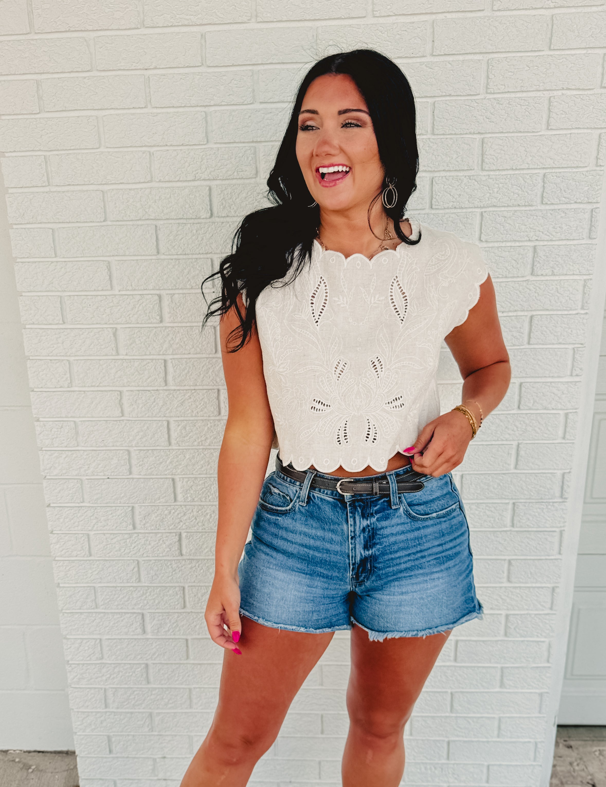 Eyelet Embroidery Detail Scalloped Crop Top - Natural - Lace and Grace Boutique