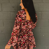 Floral Cutout Long Sleeve Mini Dress - Pink/Brown