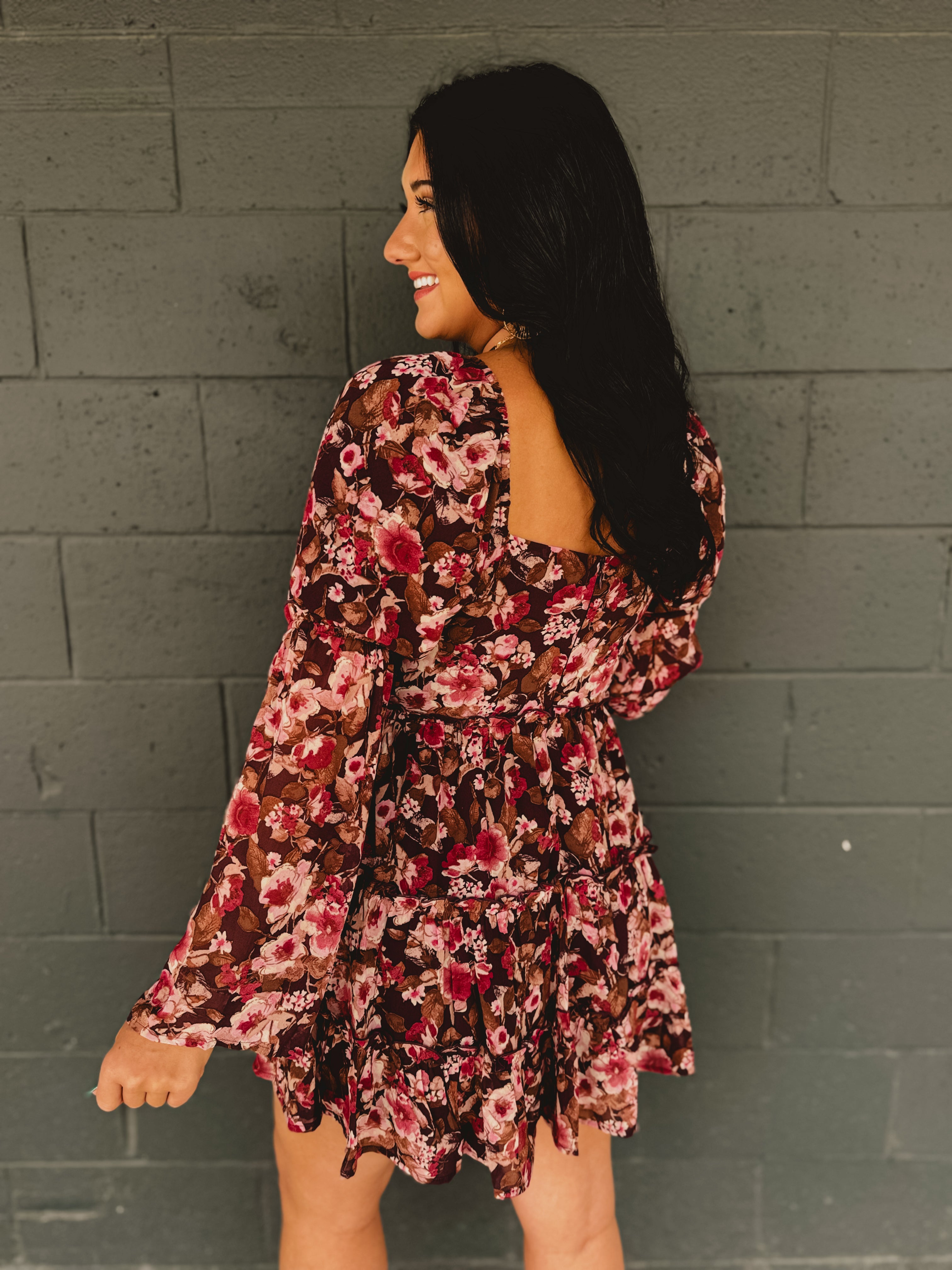 Floral Cutout Long Sleeve Mini Dress - Pink/Brown Floral Cutout Long Sleeve Mini Dress - Pink/Brown