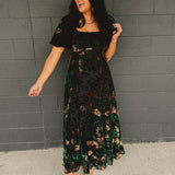 Floral Puff Sleeve Velvet Maxi Dress - Black Multi