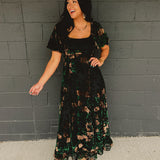Floral Puff Sleeve Velvet Maxi Dress - Black Multi