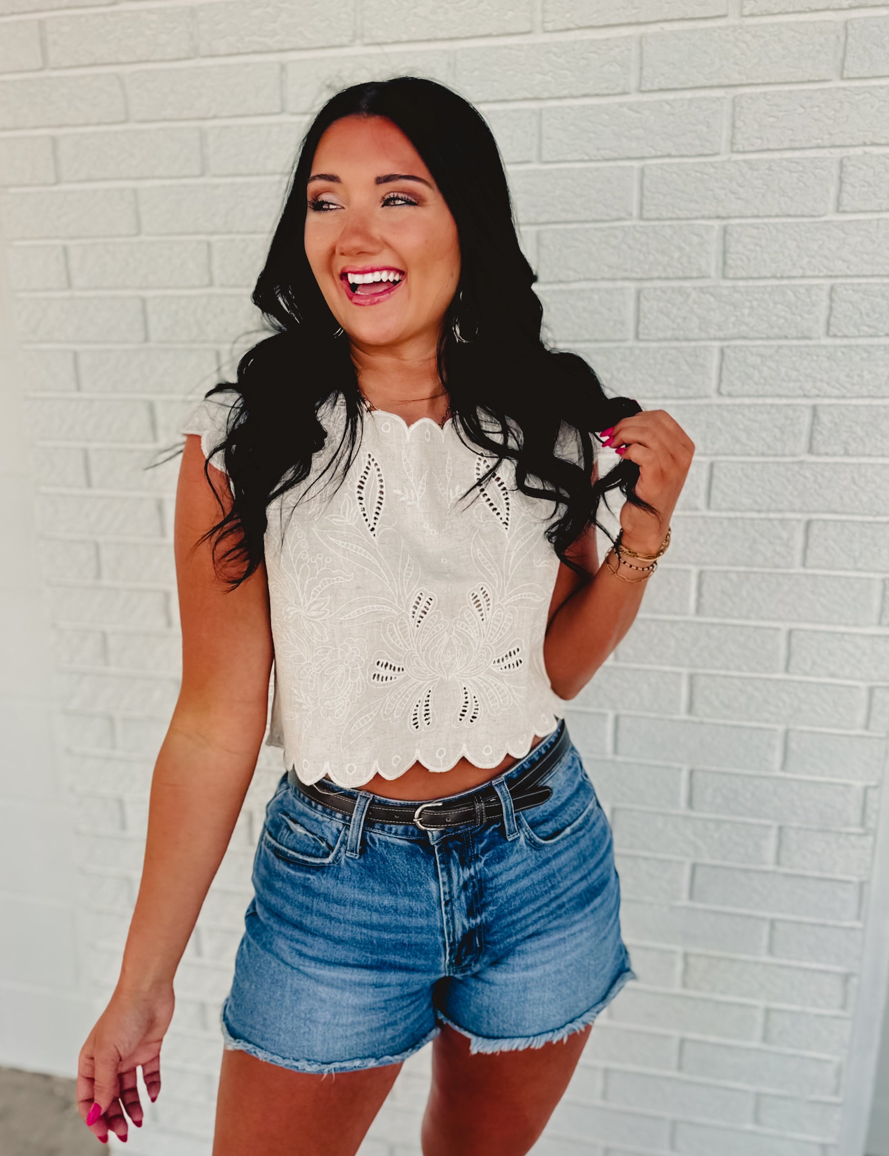 Eyelet Embroidery Detail Scalloped Crop Top - Natural - Lace and Grace Boutique