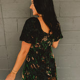 Floral Puff Sleeve Velvet Maxi Dress - Black Multi