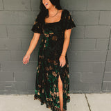 Floral Puff Sleeve Velvet Maxi Dress - Black Multi