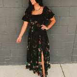 Floral Puff Sleeve Velvet Maxi Dress - Black Multi