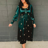 Embroidered Long Sleeve Velvet Maxi Dress - Jade