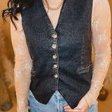 Denim Button Down Vest - Black