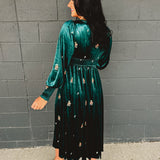 Embroidered Long Sleeve Velvet Maxi Dress - Jade