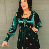 Embroidered Long Sleeve Velvet Maxi Dress - Jade