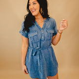 Washed V-Neck Mini Dress - Chambray