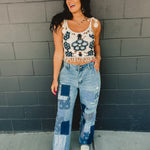 POL Crochet Weave Knit Tank - Blue/Cream - Lace and Grace Boutique